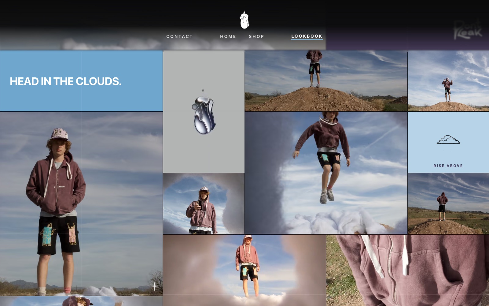 Dont Leak lookbook, a dense photo grid opening on the line head in the clouds