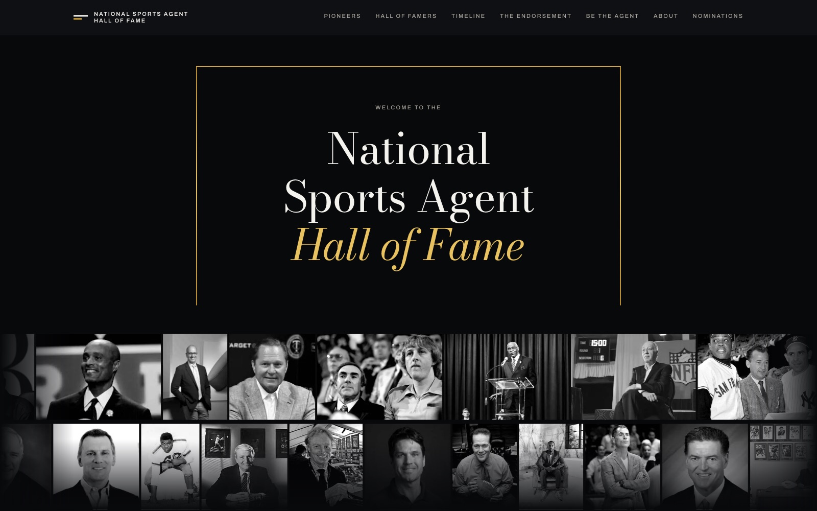 National Sports Agent Hall of Fame homepage, gold-framed title above a reel of inductee portraits